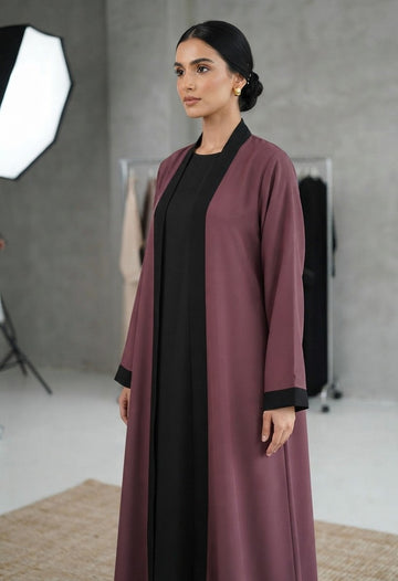 Luxury  Mauve  Front Open Abaya with Black Inner - Nida Fabric