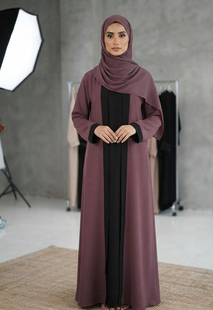 Luxury  Mauve  Front Open Abaya with Black Inner - Nida Fabric
