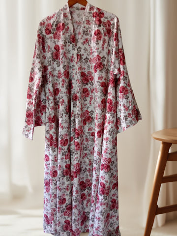Rose Bloom Printed Georgette Chiffon Open Abaya – White & Pink Floral