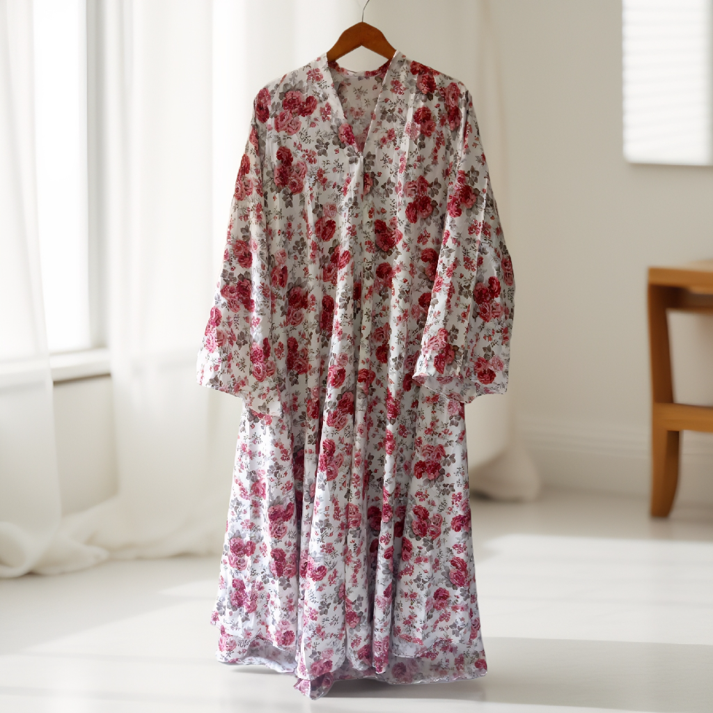 Rose Bloom Printed Georgette Chiffon Open Abaya – White & Pink Floral