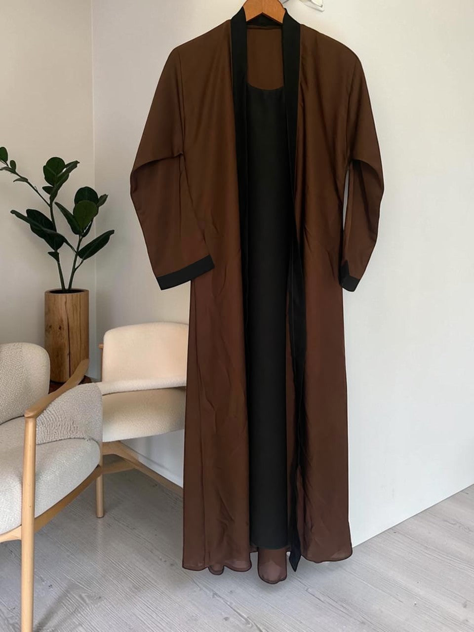 Luxury Coffee Brown Front Open Abaya with Black Inner - Nida Fabric